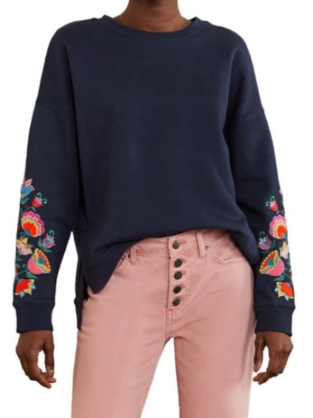 Boden Jasmine Floral Embroidered Sleeve Sweatshirt Navy L/XL Oversized